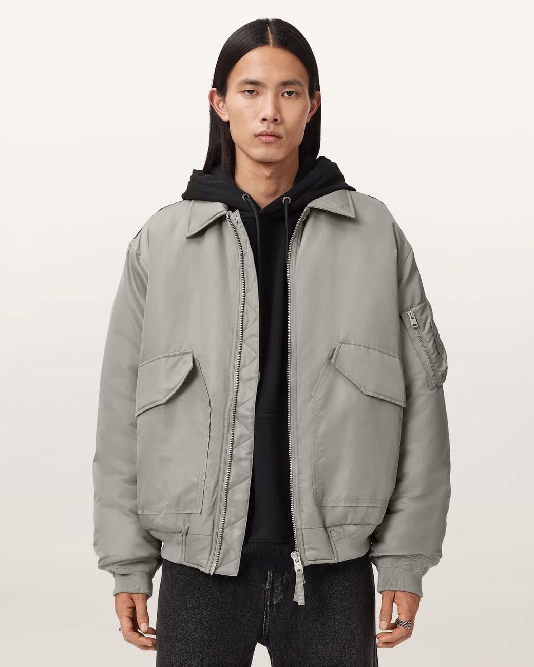 AllSaints Gray Camber Oversized Bomber Jacket for men