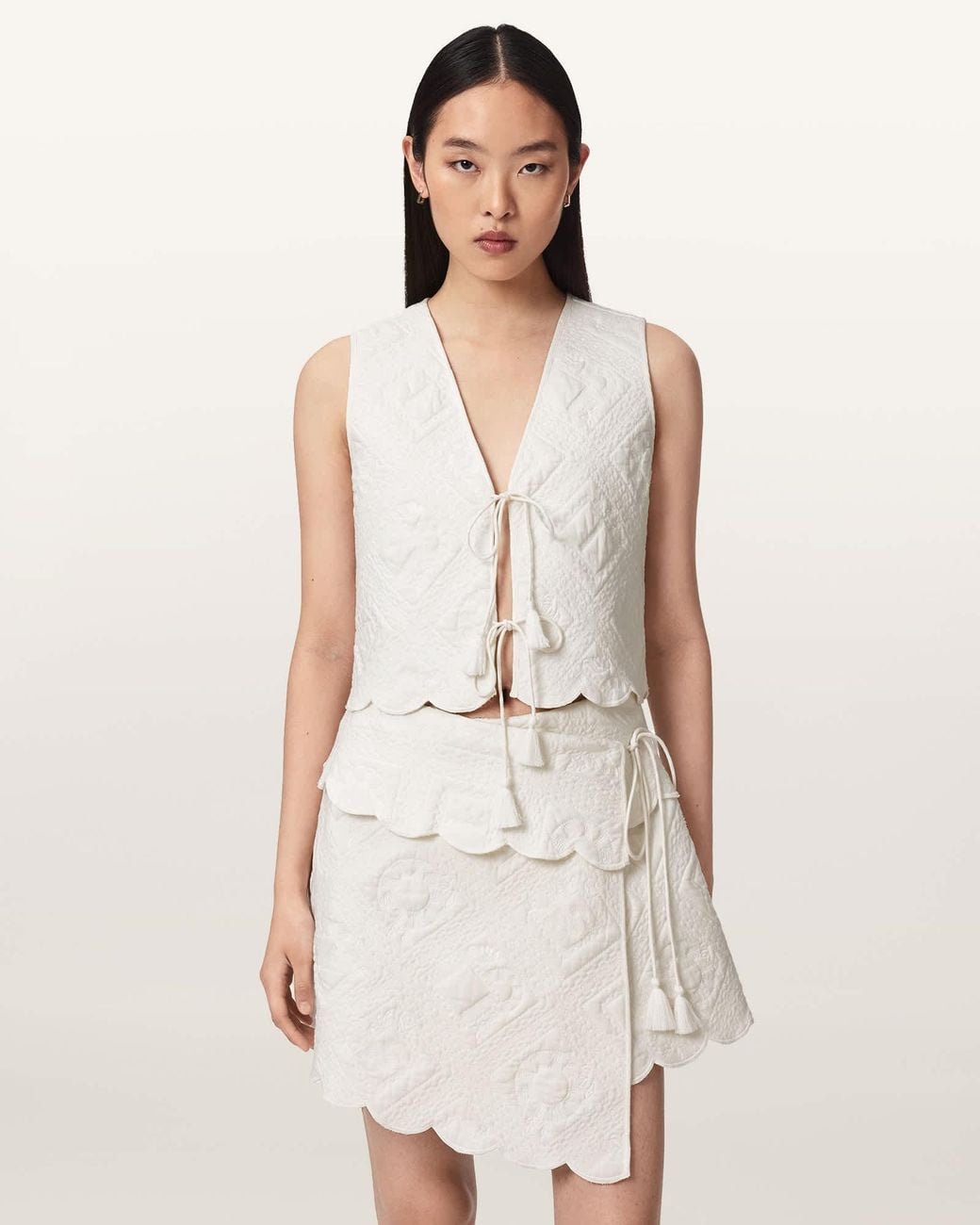 AllSaints White Mona Quilted Cropped Waistcoat