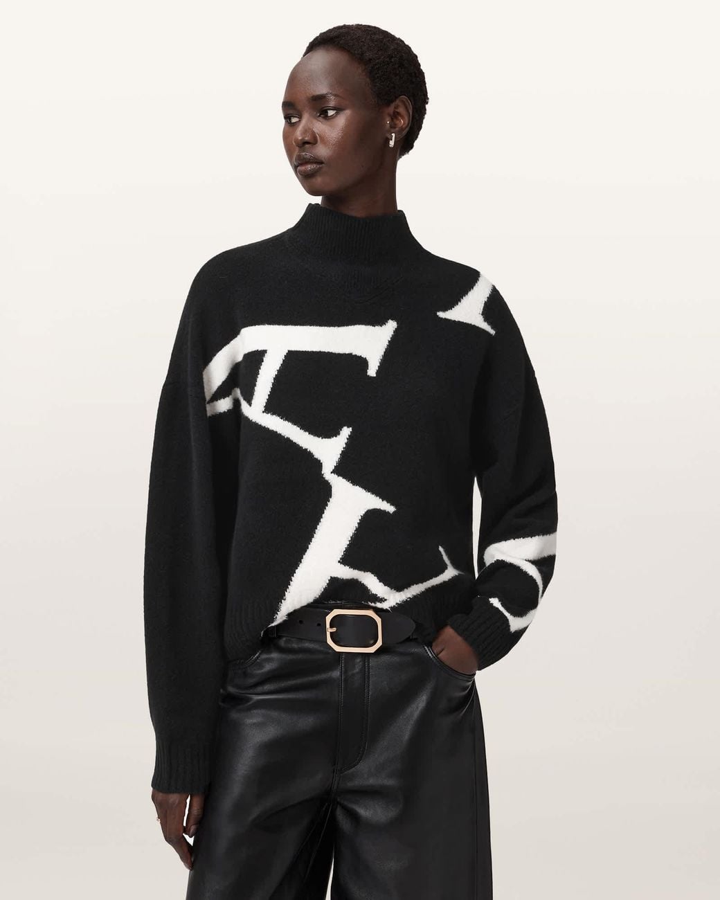 AllSaints Black Signature Jacquard Roll-Neck Jumper
