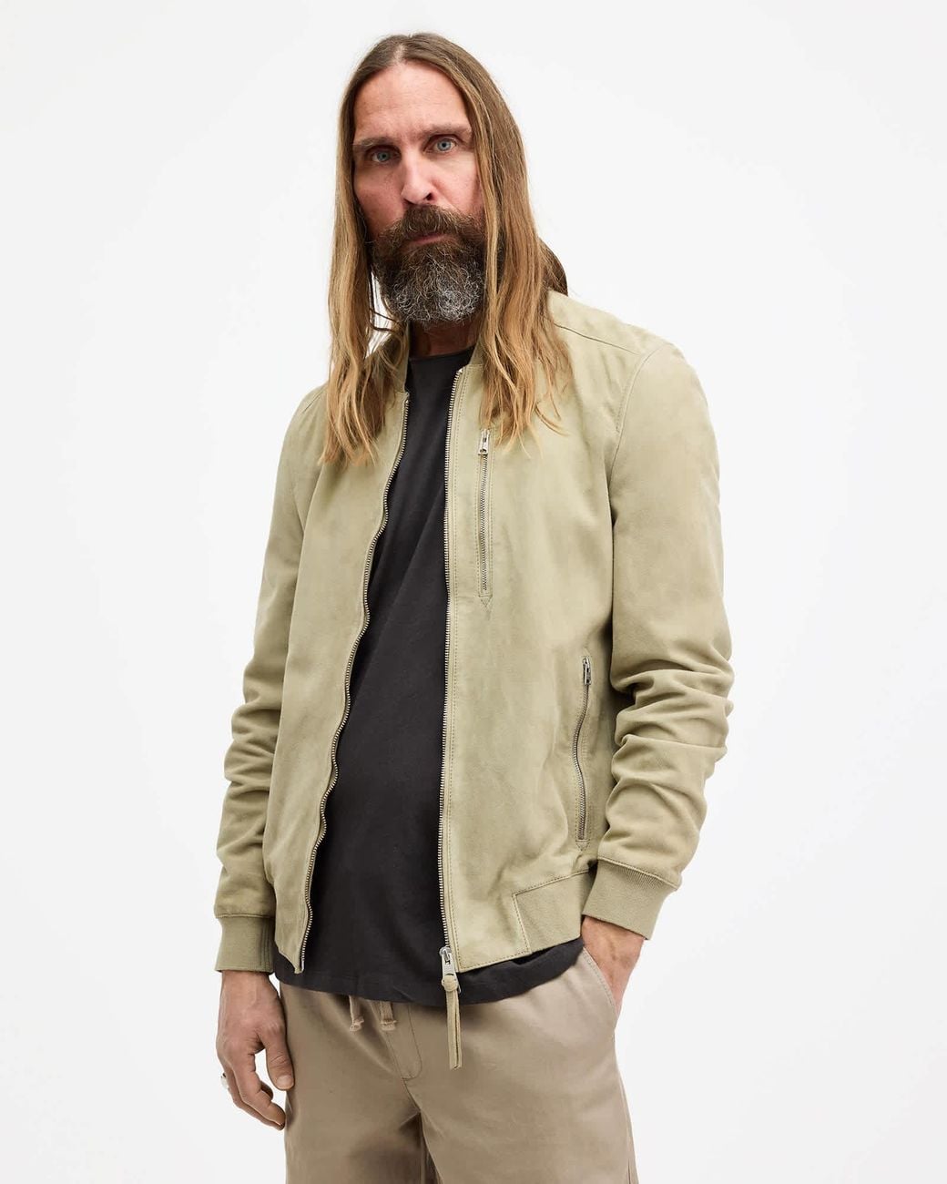 AllSaints Natural Kemble Suede Zip Up Bomber Jacket, for men