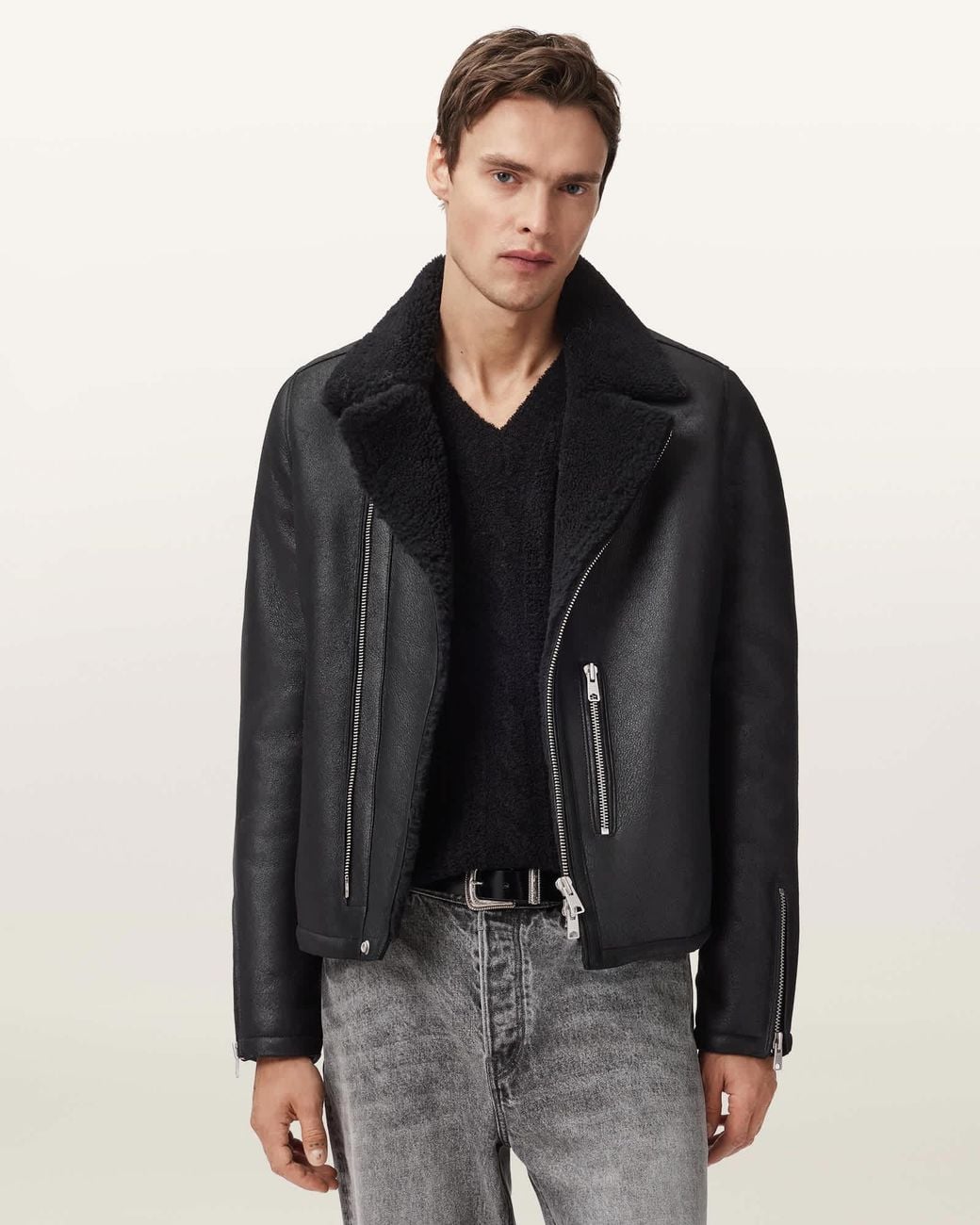 AllSaints Black Correz Shearling Biker Jacket for men