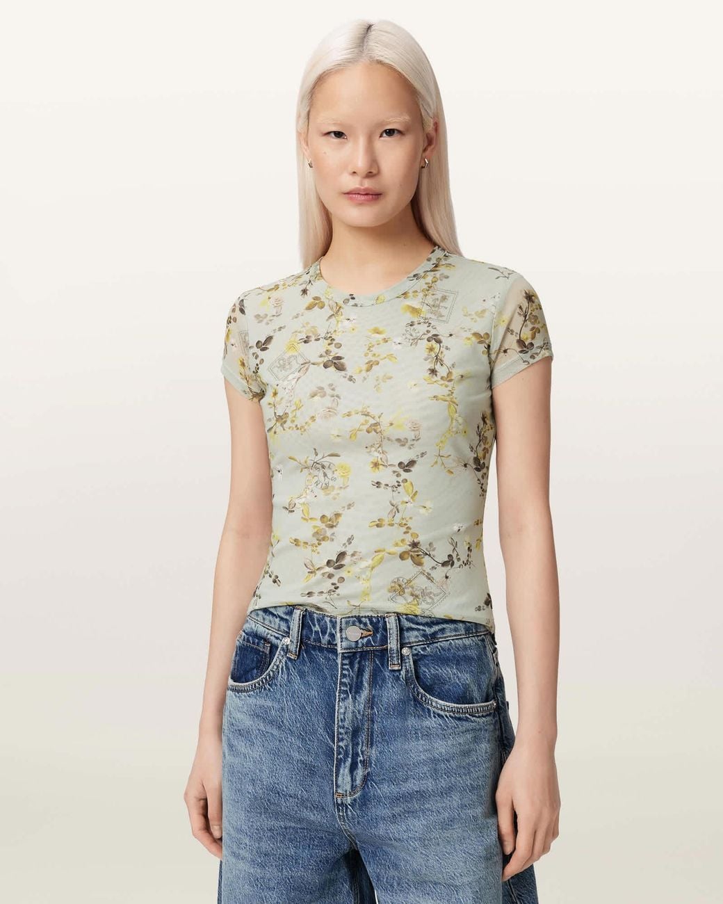 AllSaints White Polyester Ellie Mesh Floral Print Slim T-Shirt, /Us 0