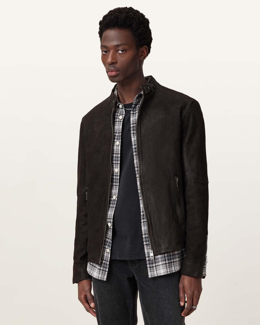 AllSaints Black Cora Suede Snap Back Collar Jacket for men
