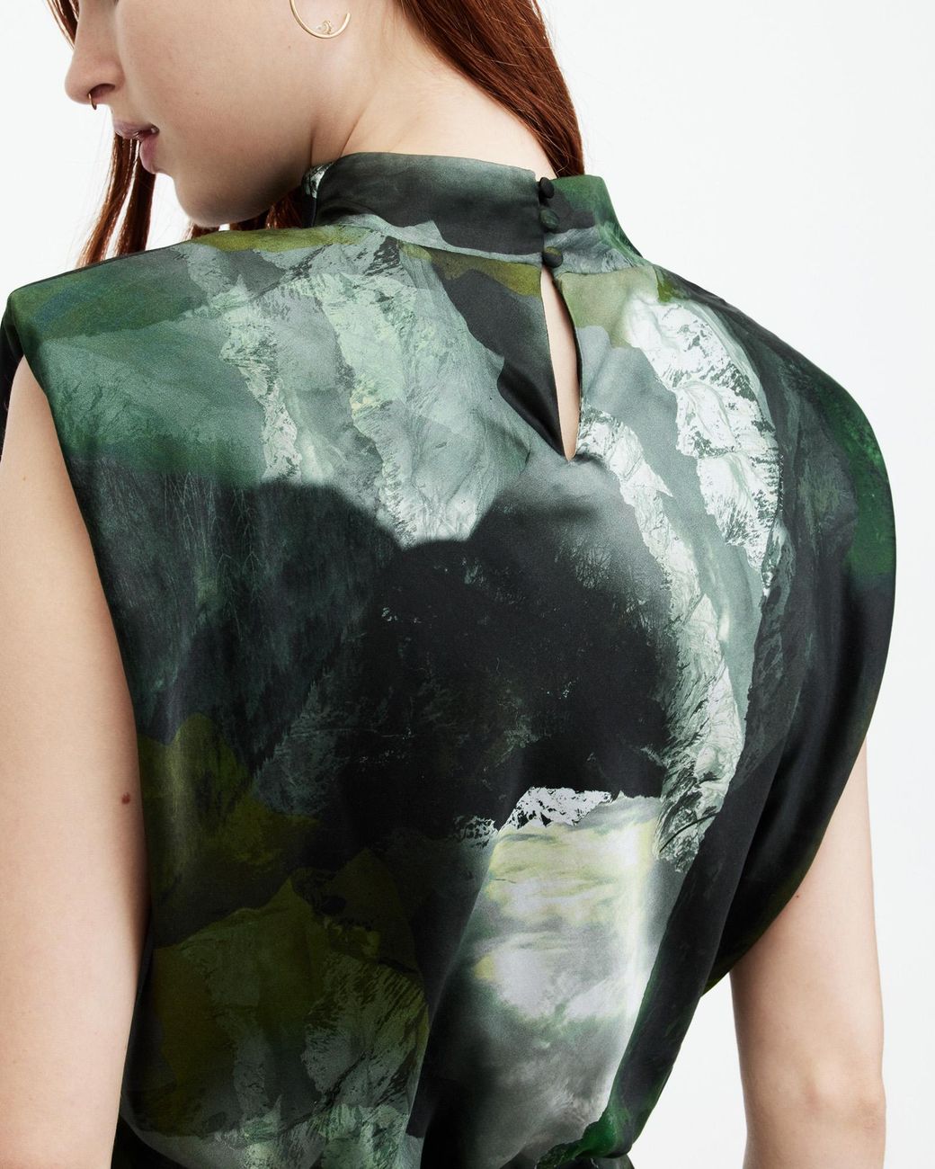 AllSaints Isa Silk Blend Camo Print Midi Dress in Green | Lyst