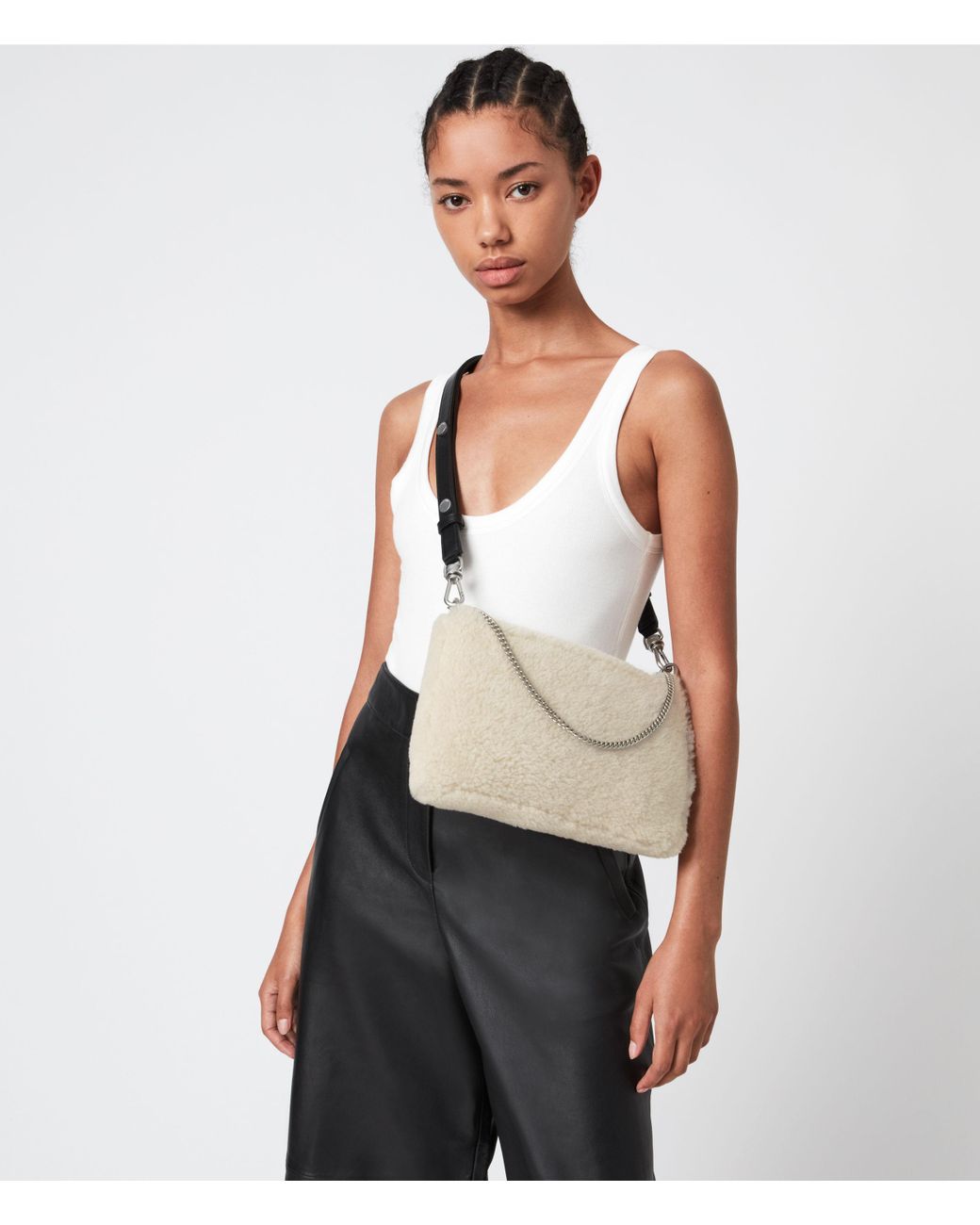 AllSaints Eve Shearling Crossbody Bag in Natural | Lyst