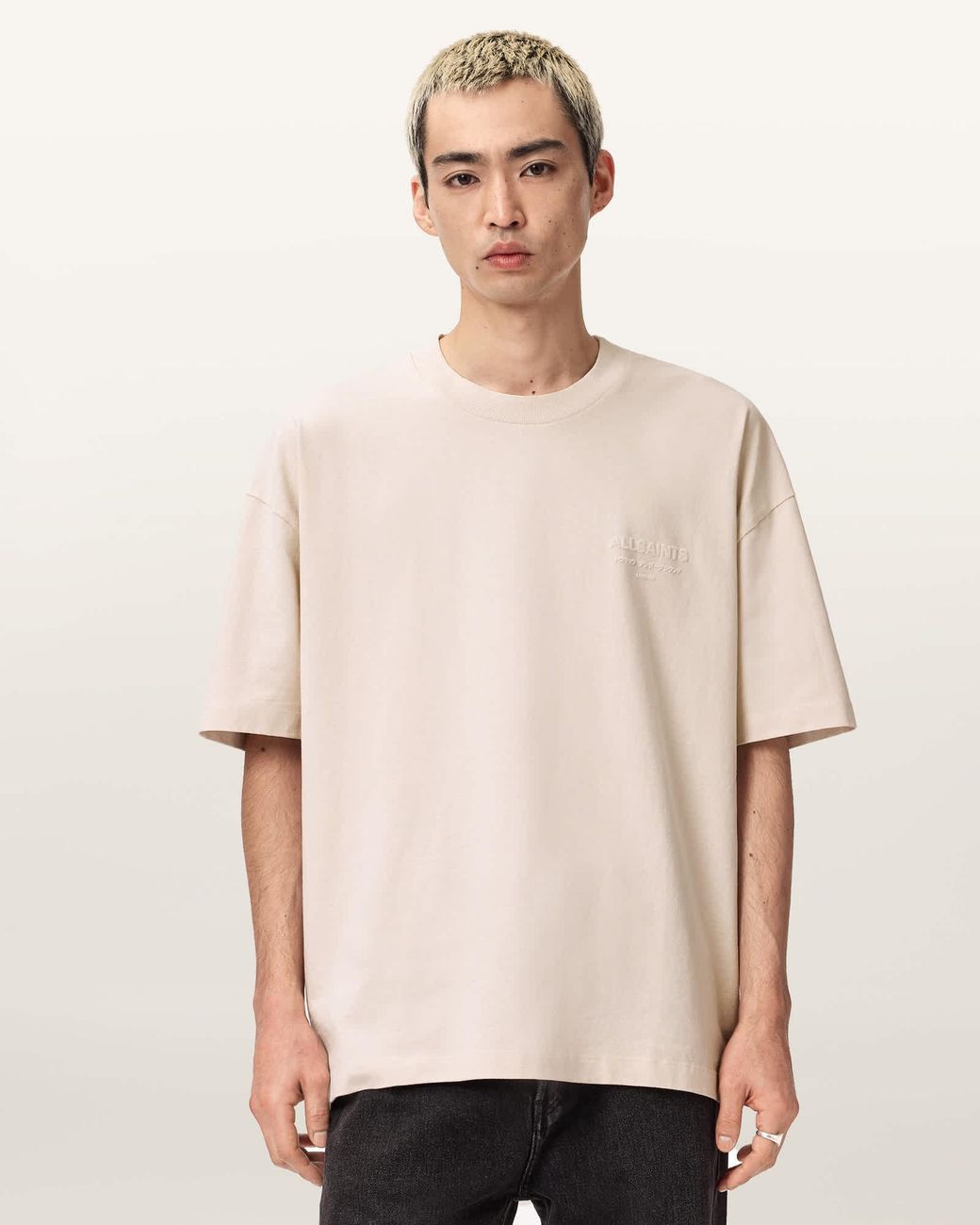 AllSaints Natural Xander Flocked Logo Oversized T-Shirt for men