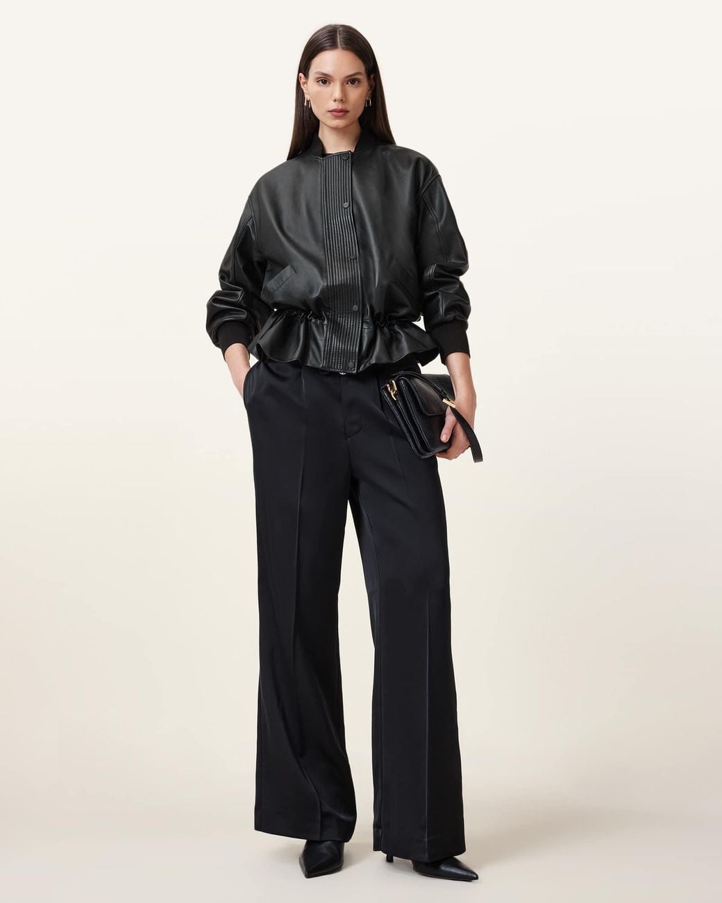 AllSaints Black Sofi Drawstring Leather Bomber Jacket