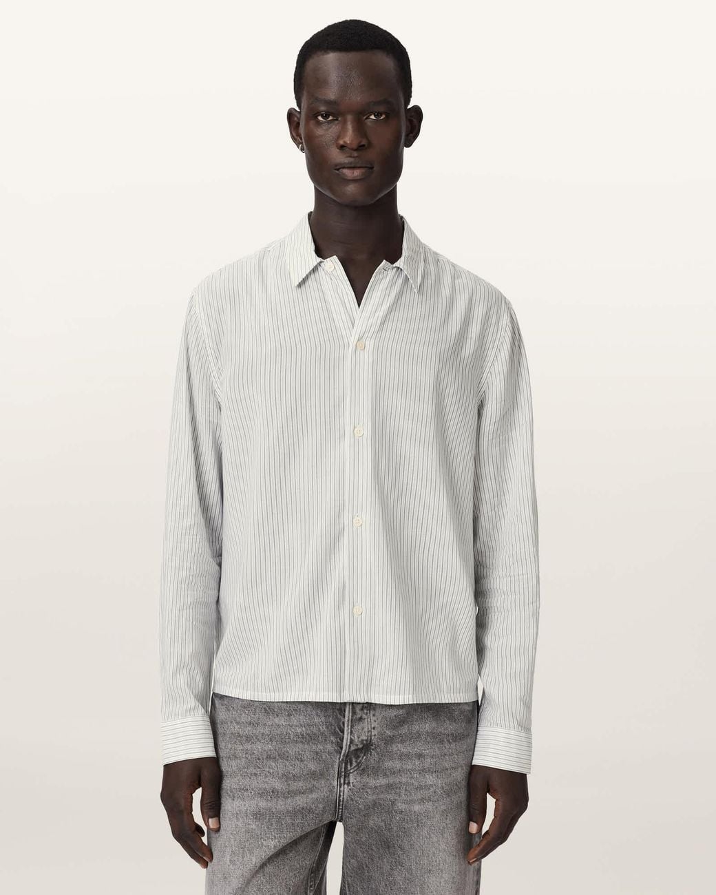 AllSaints White Furrow Long Sleeve Boxy Striped Shirt for men