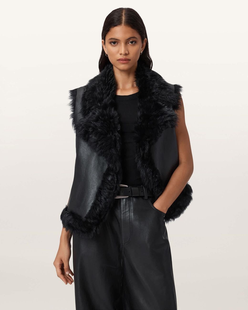 AllSaints Black Luna Shearling Reversible Gilet