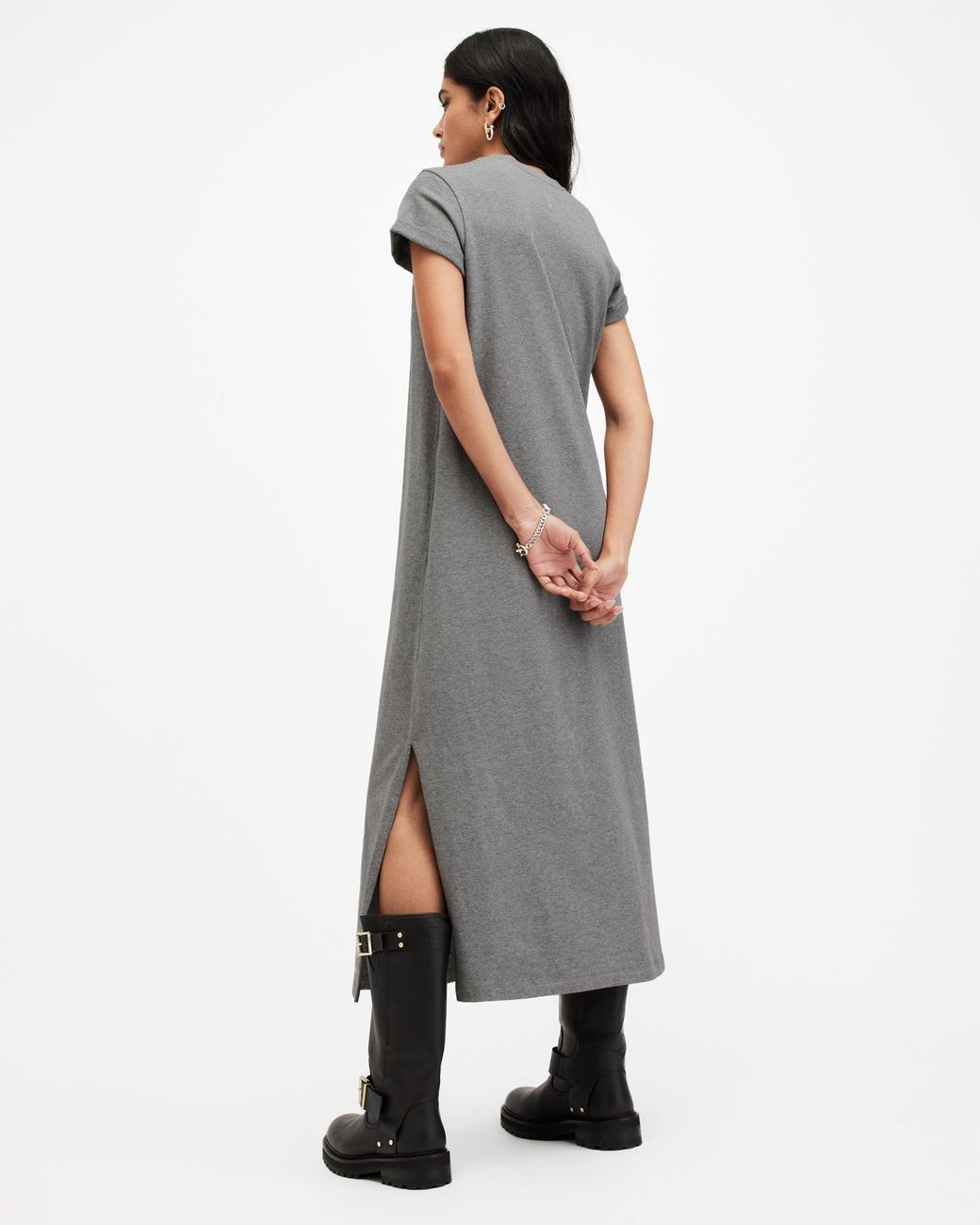 anna crew neck short sleeve maxi dress AllSaints Anna Crew Neck Short Sleeve Maxi Dress in Gray