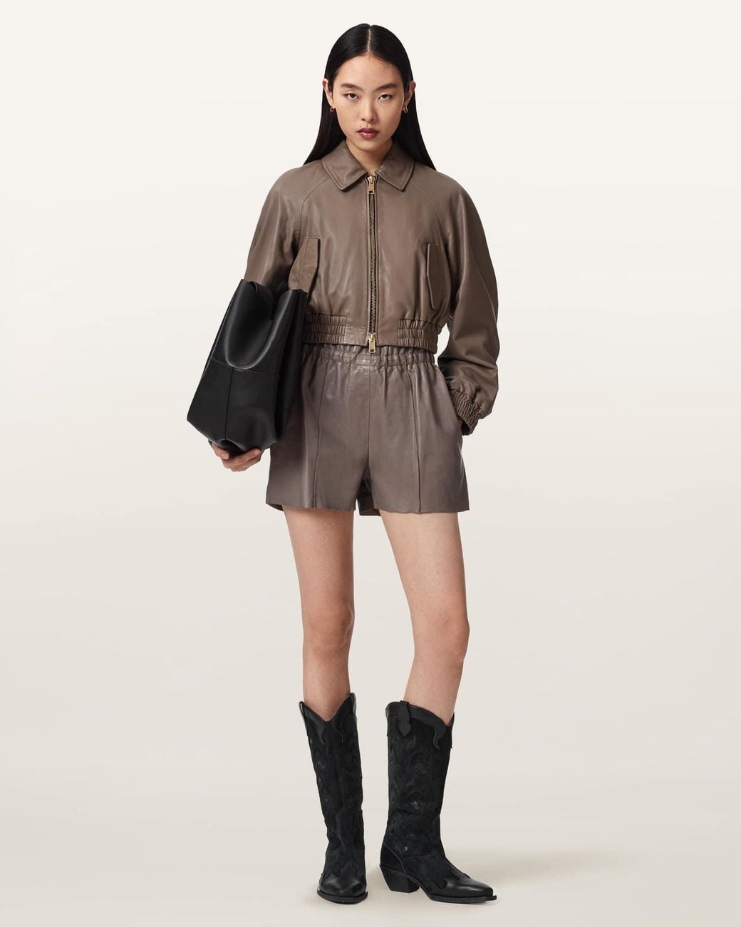 AllSaints Natural Fran High Rise Leather Shorts