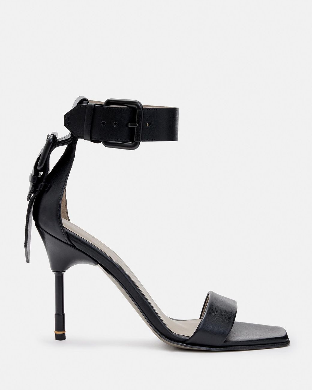 AllSaints Noir Leather High Metal Heel Sandals in Black | Lyst