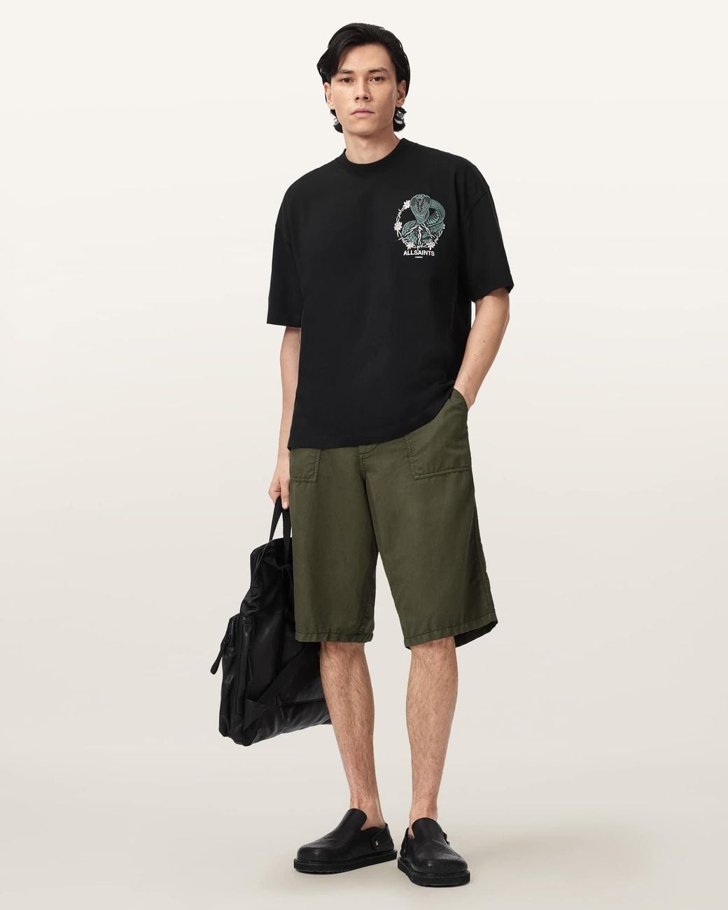 AllSaints Black Echo Linen Blend Relaxed Fit Shorts for men