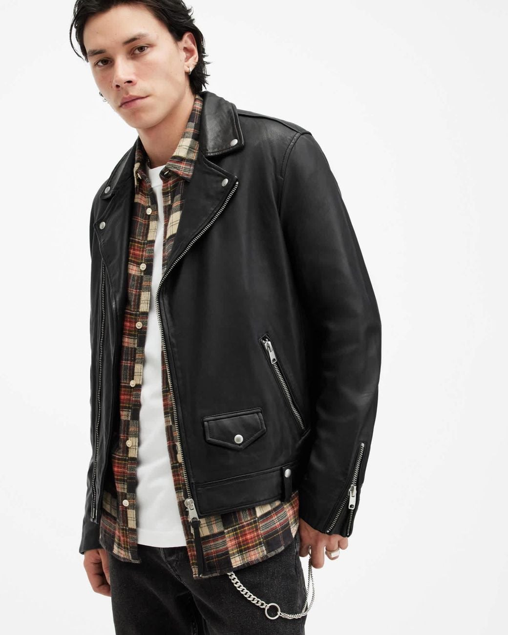 AllSaints Black Milo Asymmetric Zip Leather Biker Jacket for men