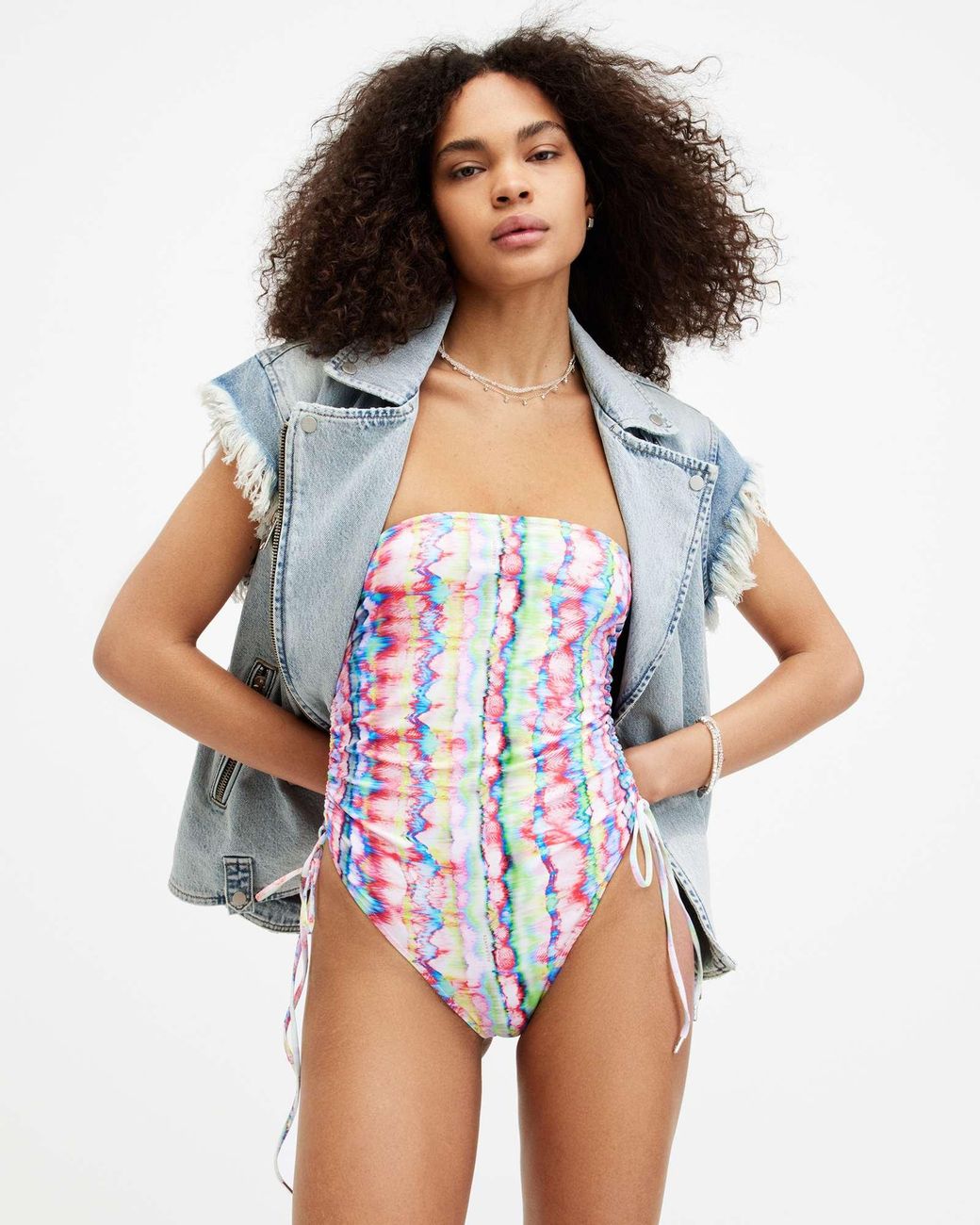 AllSaints White Elisa Ruched Bandeau Swimsuit