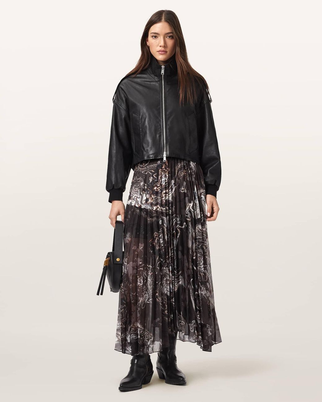 AllSaints Black Polyester Micaela Pleated Maxi Skirt, /Us 2
