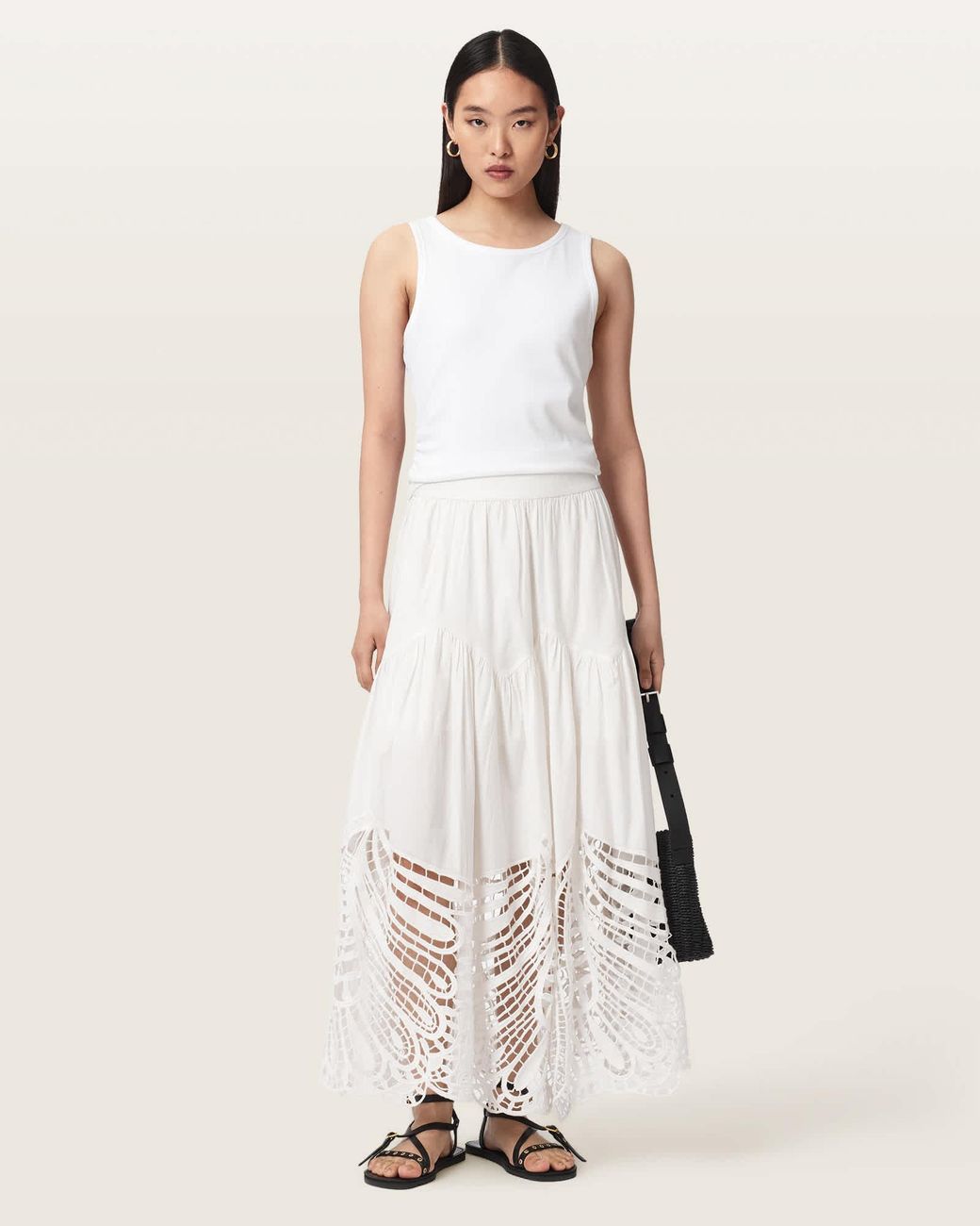 AllSaints Natural Femi Tiered Cotton Maxi Skirt