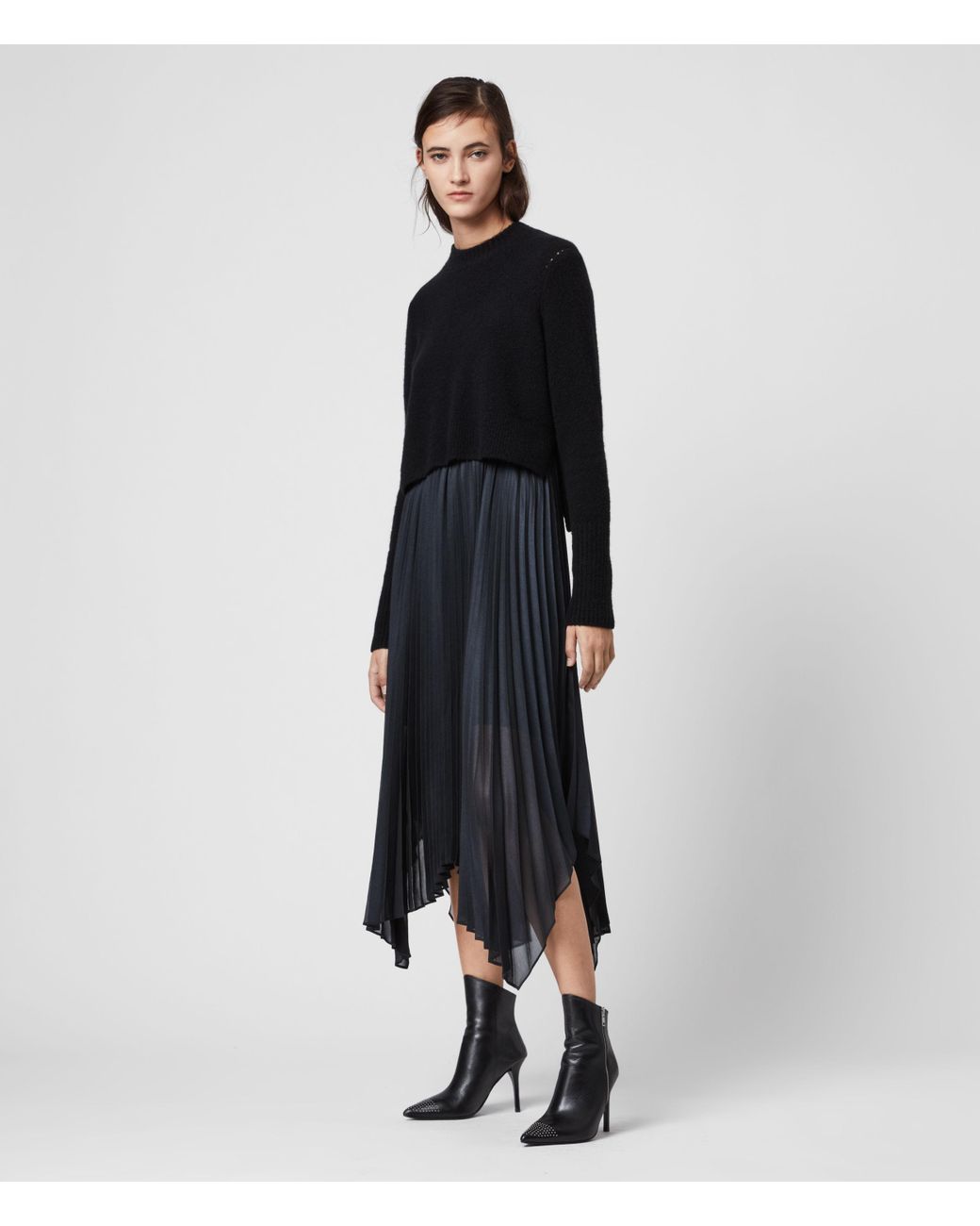 AllSaints Women's Wool Regular Fit Lerin Knit 2-in-1 Dress in Black | Lyst