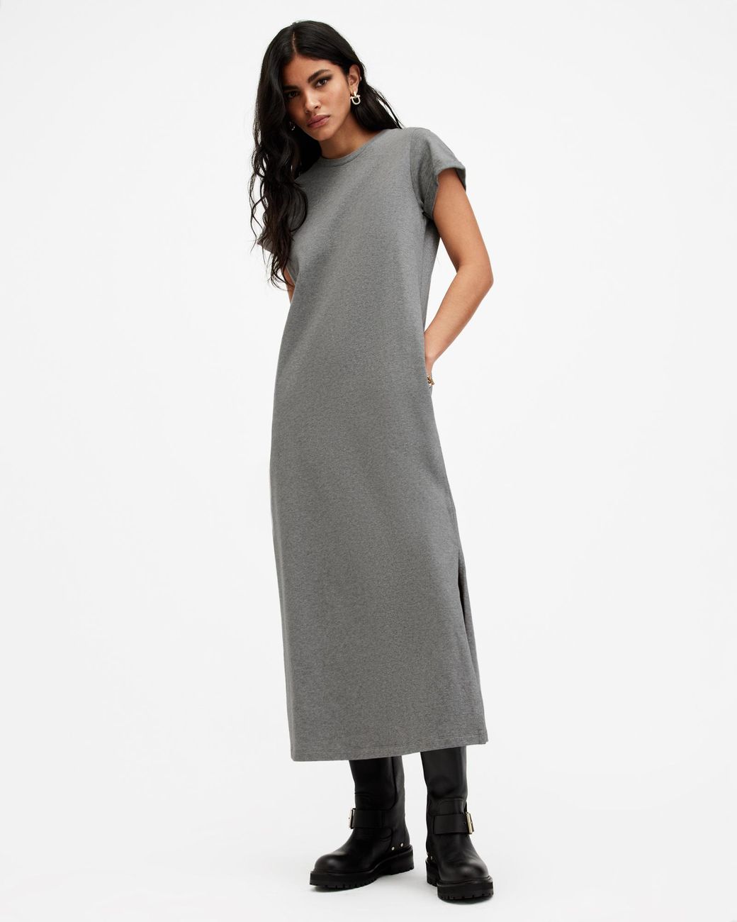 AllSaints Anna Crew Neck Short Sleeve Maxi Dress in Grey | Lyst Australia