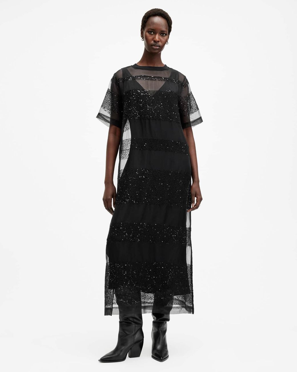AllSaints Black Izabela Embellished Mesh Maxi Dress
