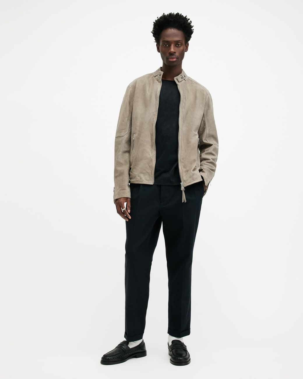 AllSaints Cora Suede Snap Back Collar Jacket, in Natural for Men