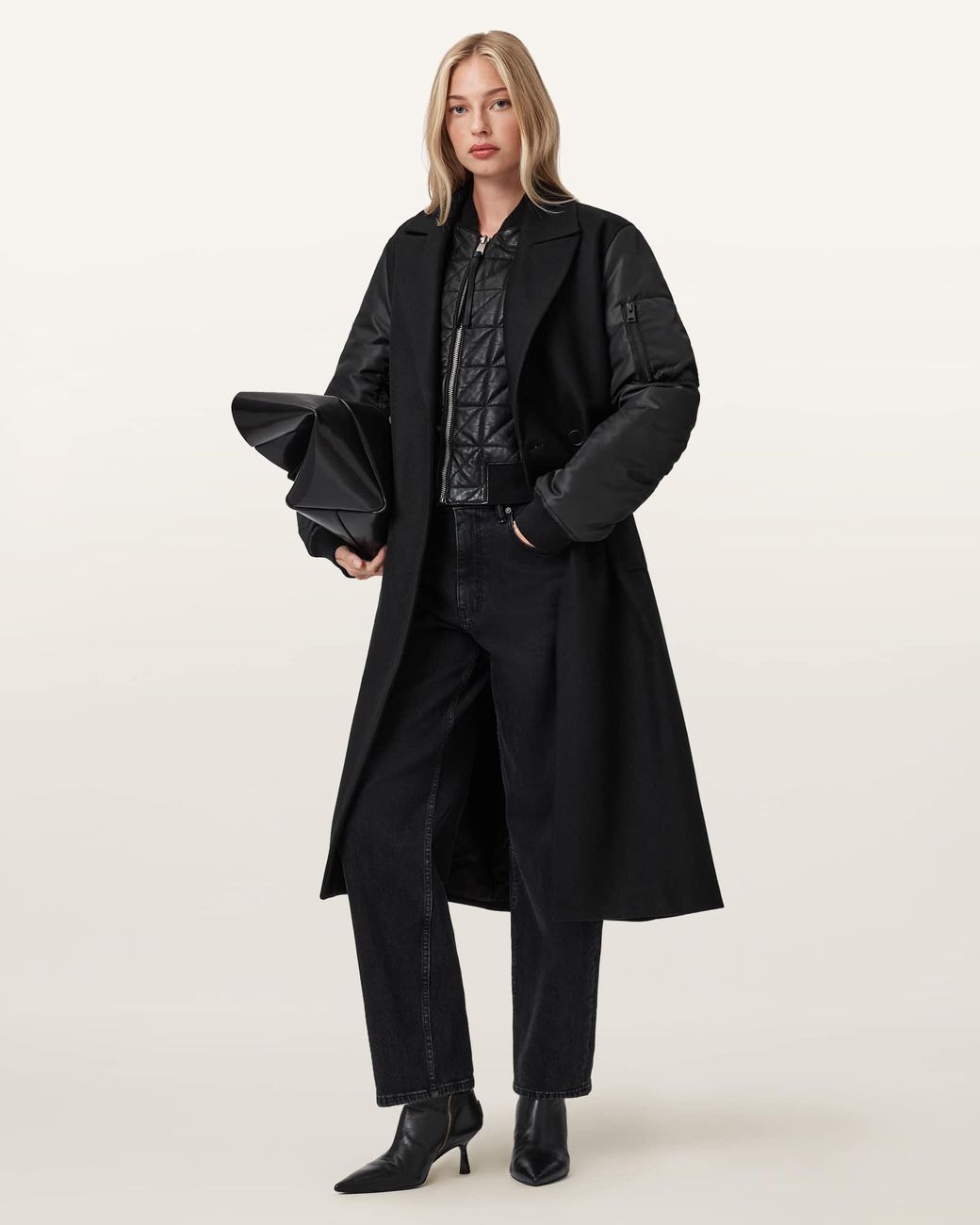 AllSaints Black Paulah Wool Blend Double Breasted Coat
