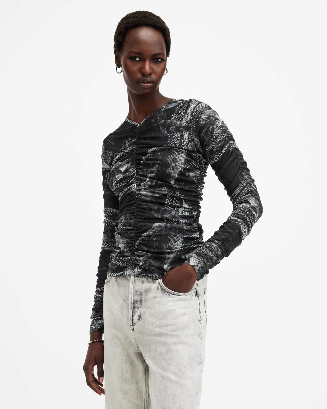 AllSaints Multicolor Polyester Keiko Mesh Gathered V-Neck Top, /Us 2