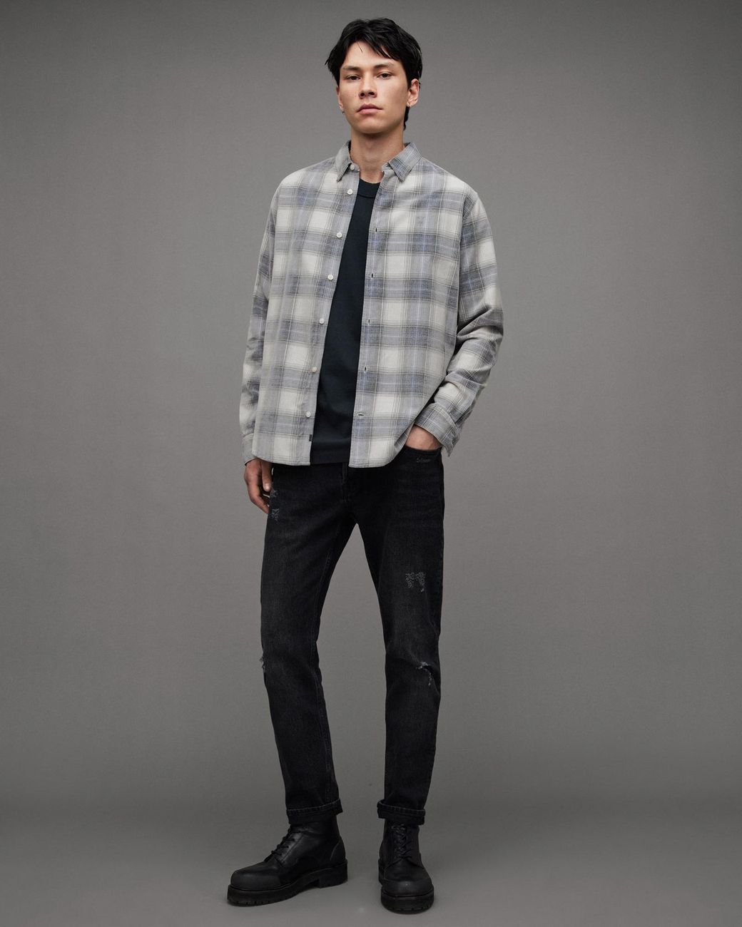 AllSaints Galdana Checked Ramskull Shirt in Grey for Men | Lyst Canada