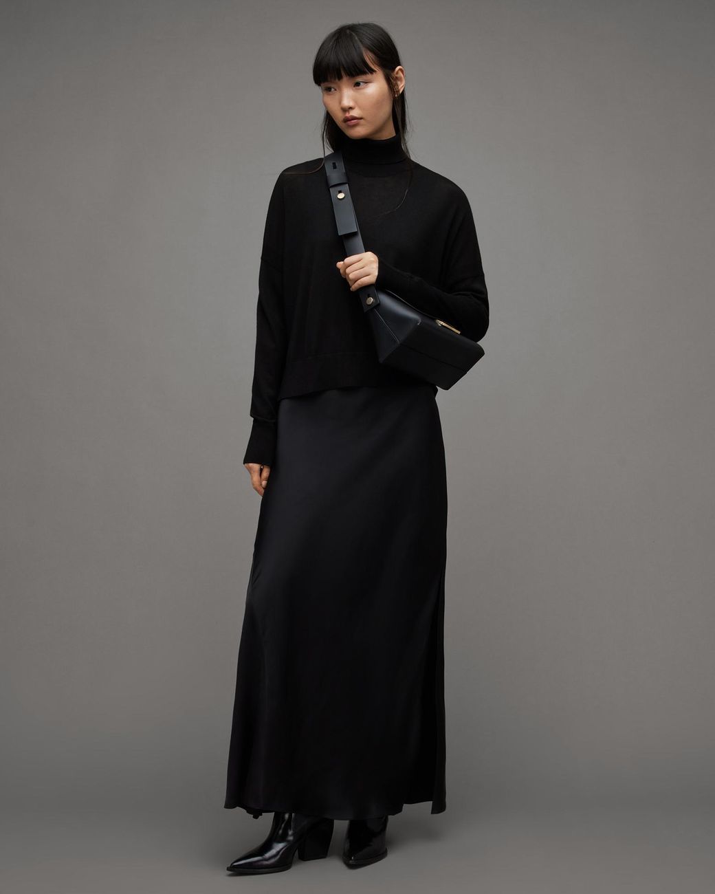 AllSaints Amos Mercer 2-in1 Maxi Dress in Black | Lyst
