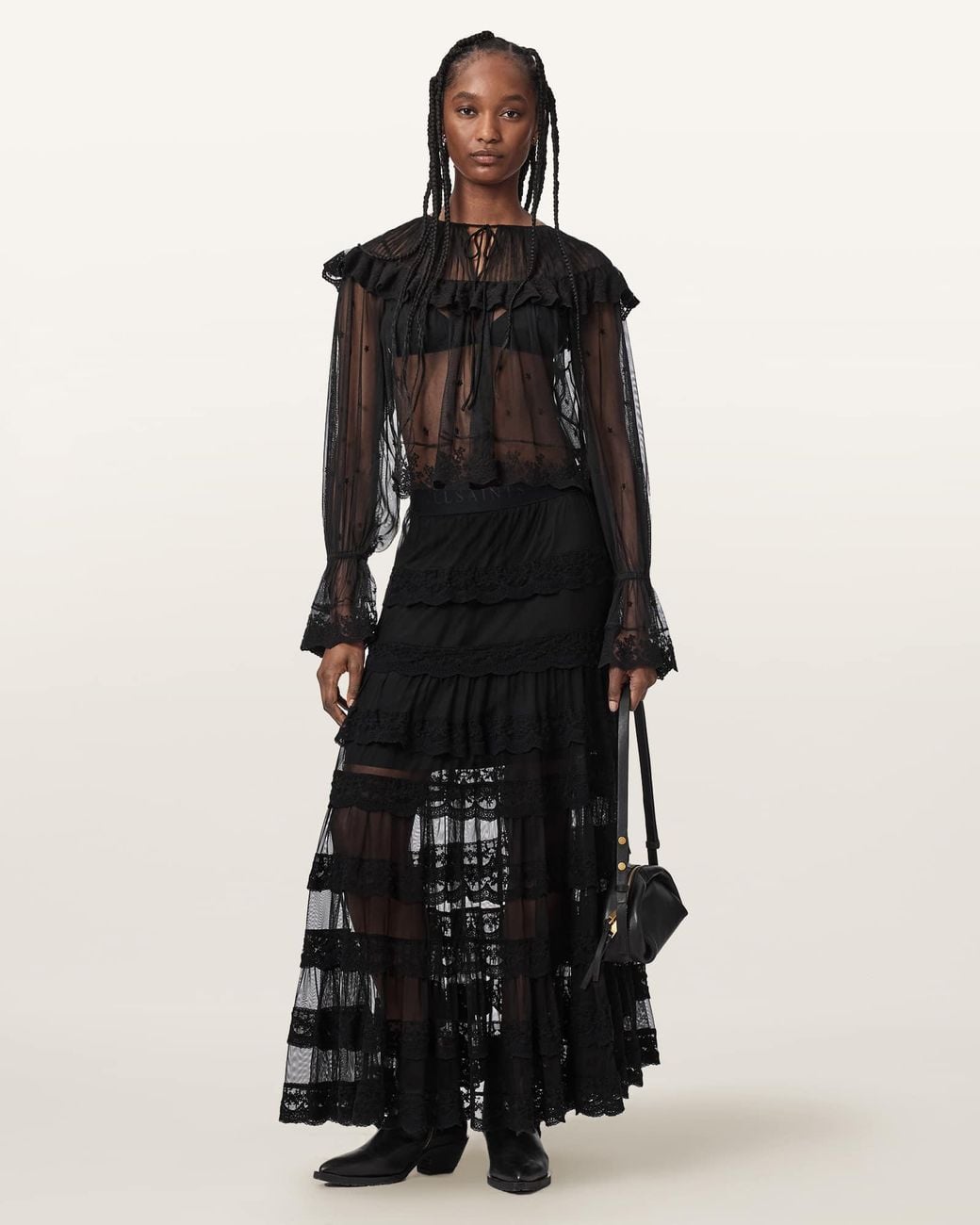 AllSaints Black Maggie Tiered Lace Maxi Skirt