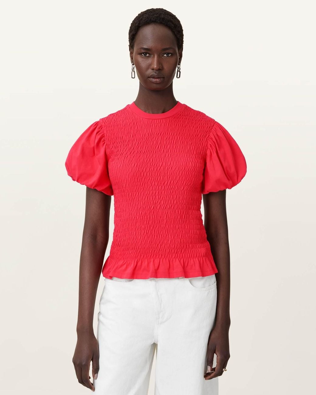 AllSaints Red Dael Smocked Slim Top