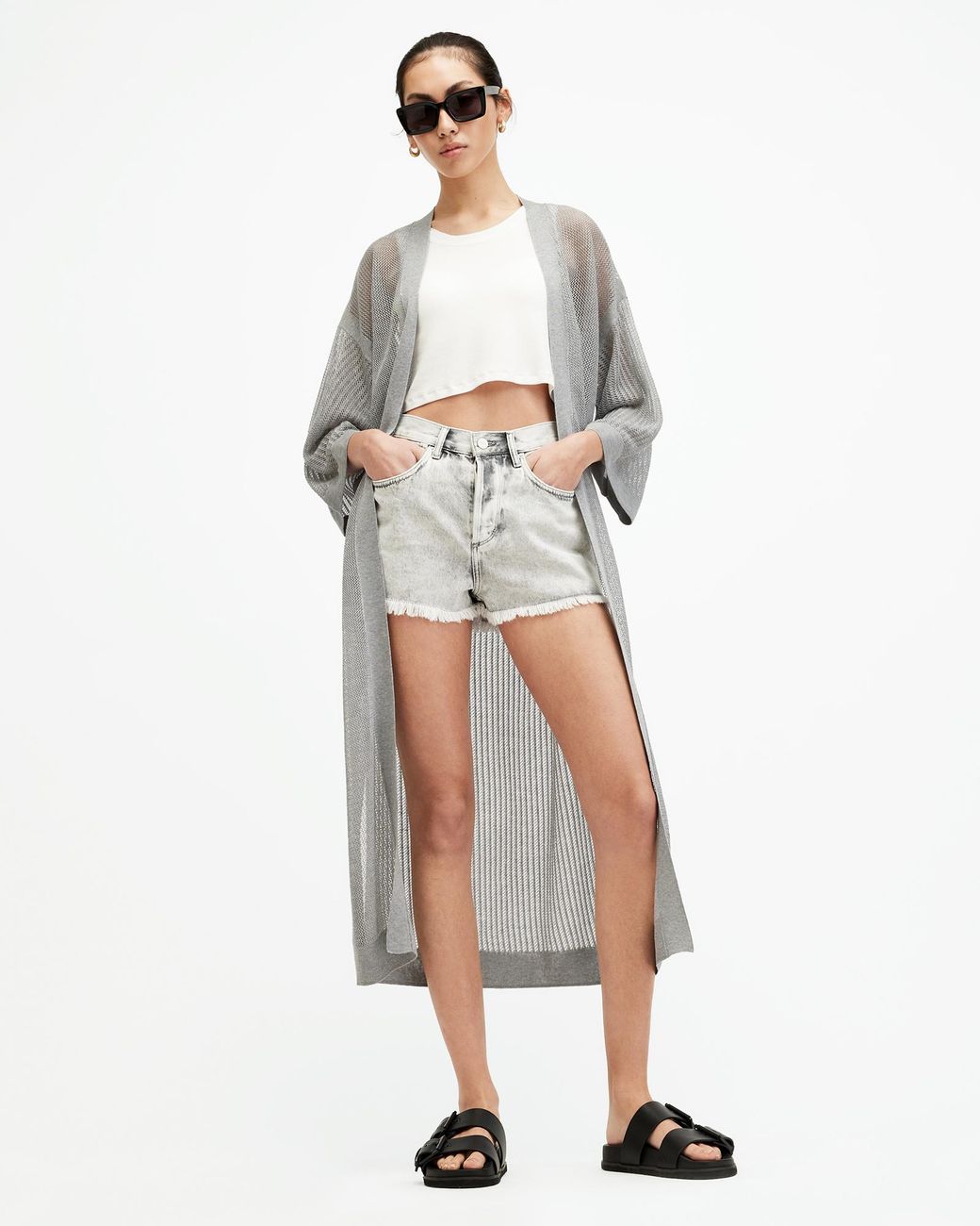 AllSaints Misha Mesh Longline Kimono Cardigan, in White | Lyst UK