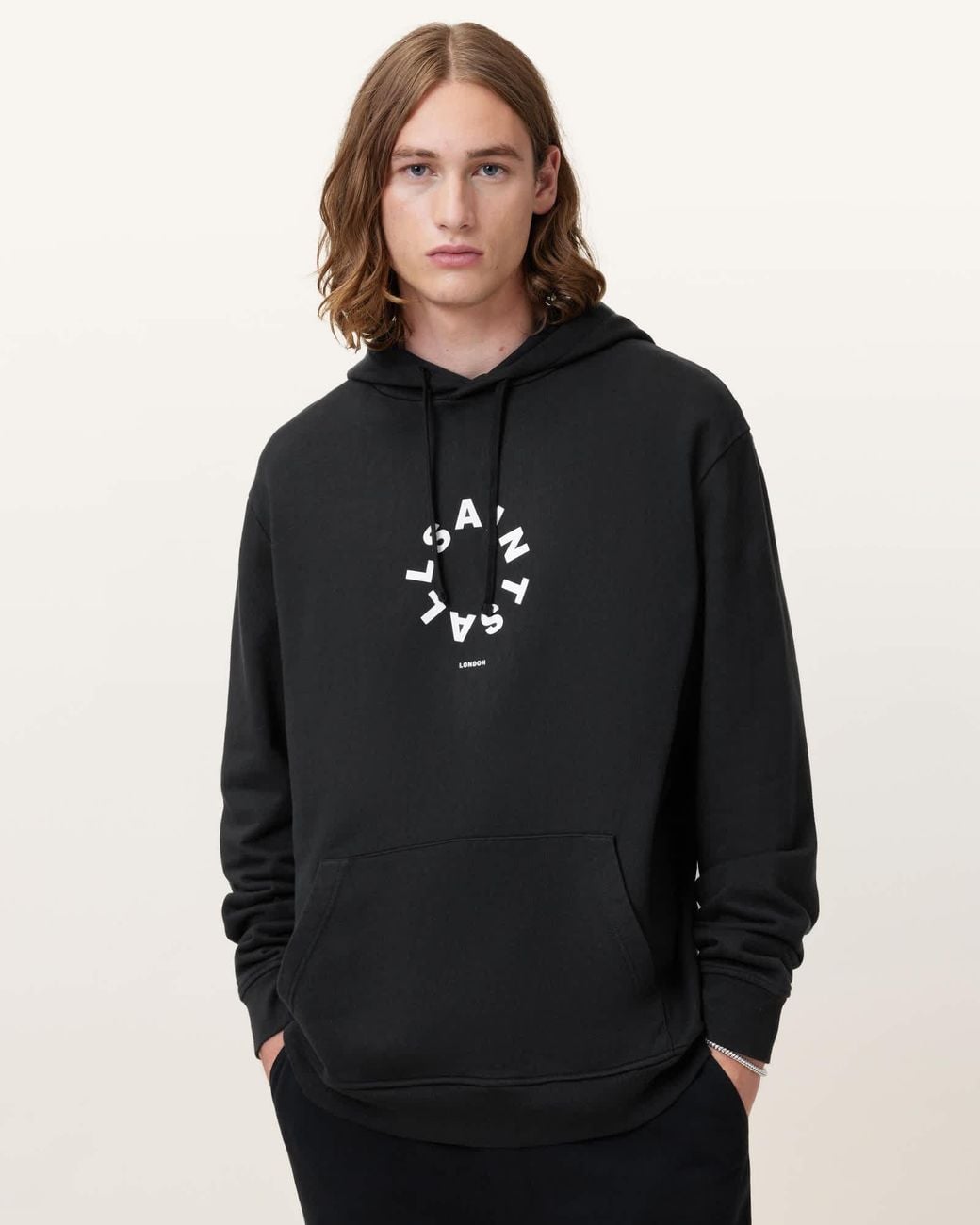 AllSaints Black Tierra Pullover Circle Logo Hoodie for men