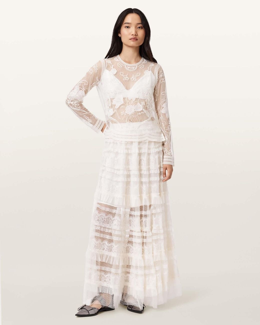 AllSaints Natural Polyester Arlea Tulle Maxi Skirt, /Us 0