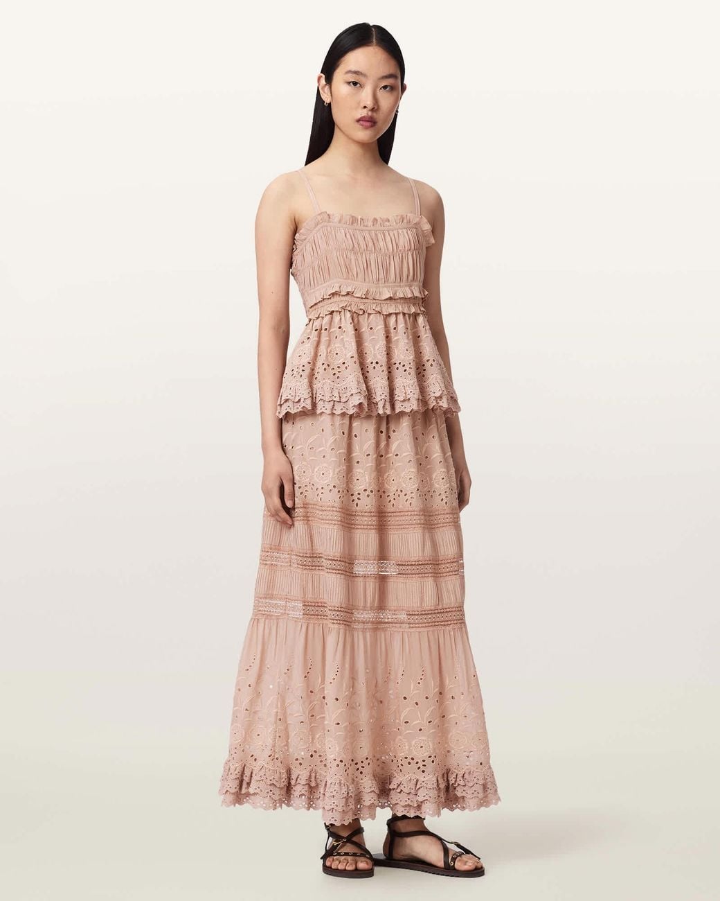 AllSaints Pink Camille Embroidered Tiered Maxi Skirt