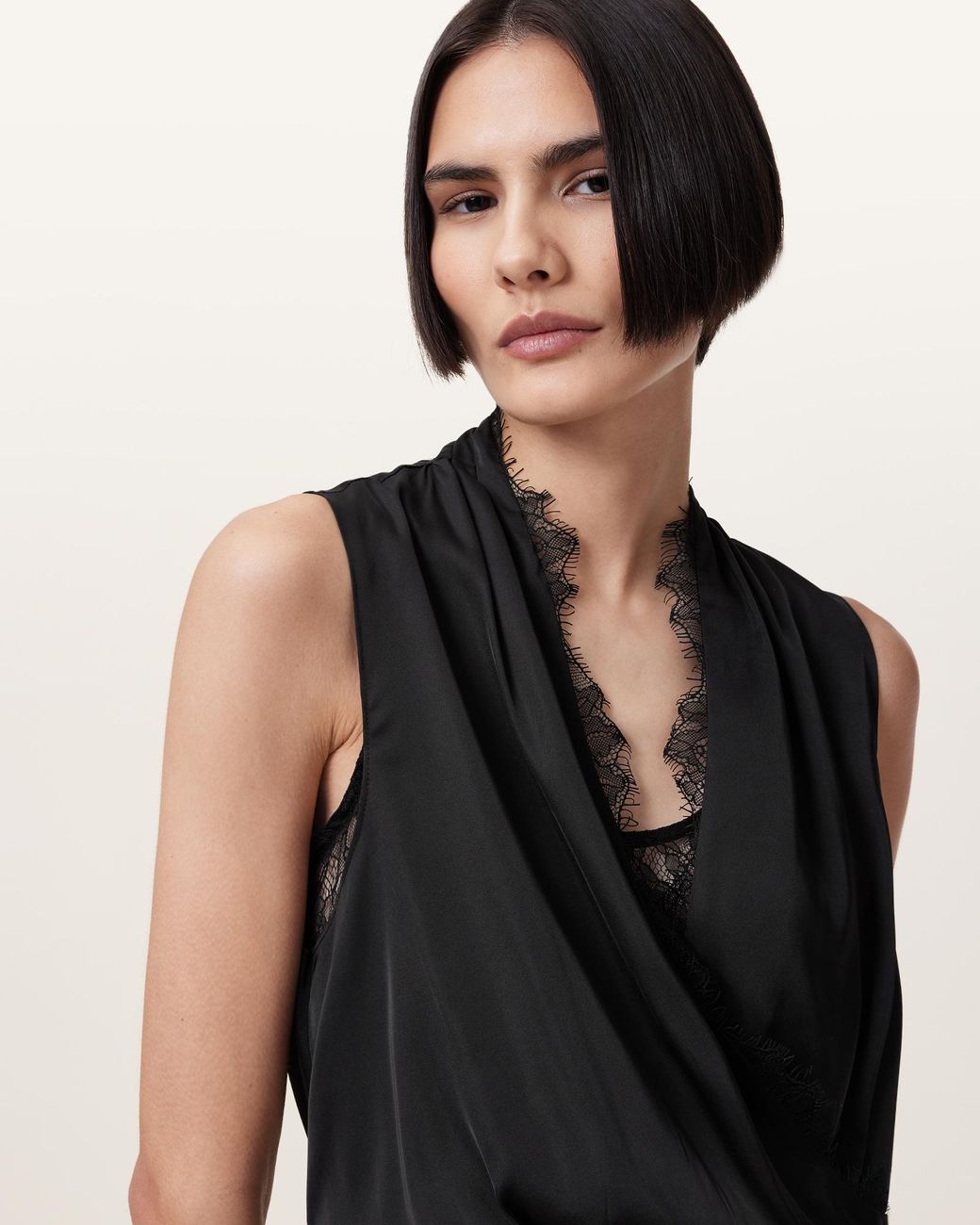 AllSaints Abi Lace Trim Draped Midi Dress in Black | Lyst