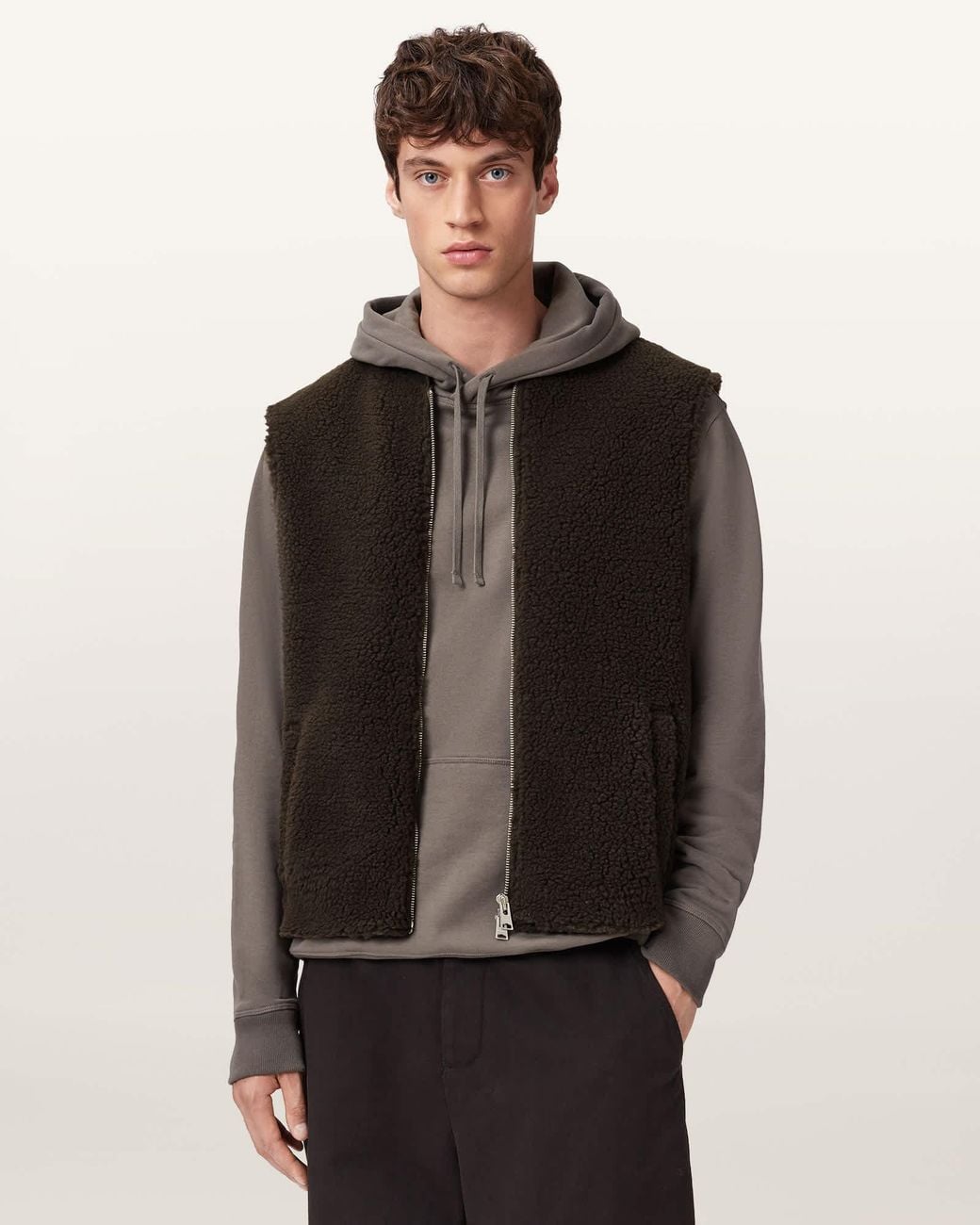 AllSaints Black Otis Sherpa Boxy Vest for men