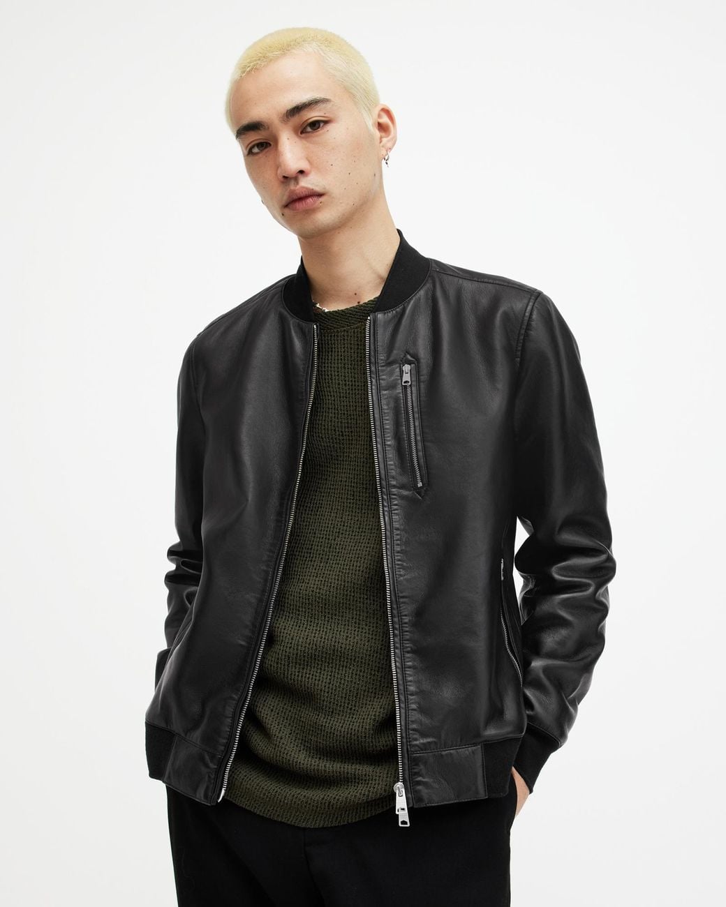 AllSaints Kemble Recycled Leather Bomber Jacket in Black for Men