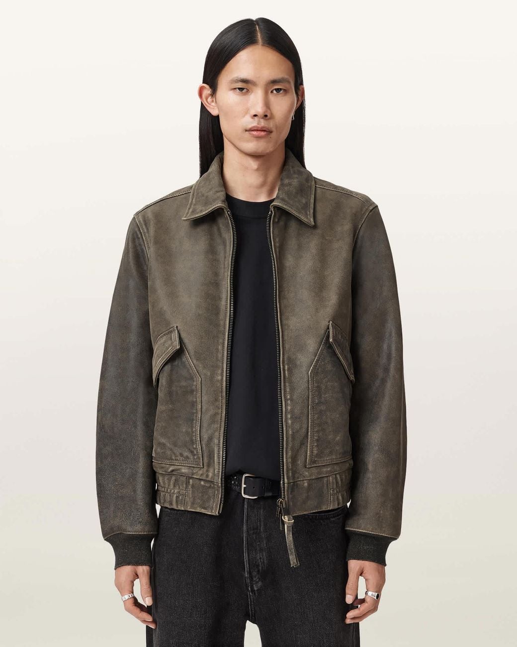 AllSaints Brown Marland Aviator Leather Jacket for men