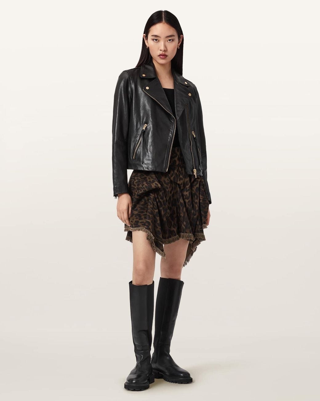 AllSaints Black Cotton/Lyocell Crissy Leopard Print Denim Mini Skirt, /Us 2