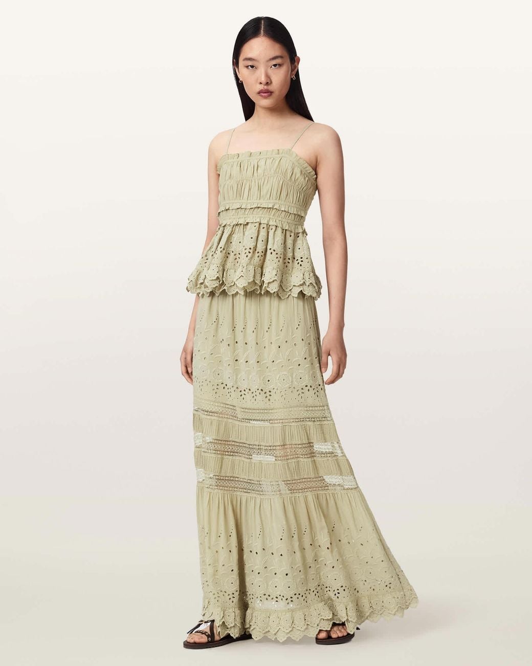 AllSaints Natural Camille Embroidered Tiered Maxi Skirt