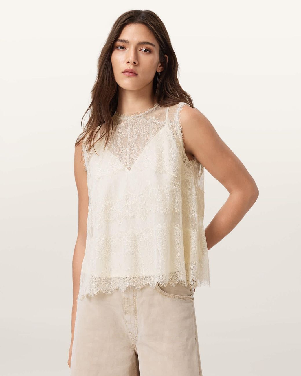 AllSaints Natural Clara Lace Trim Sleeveless Top