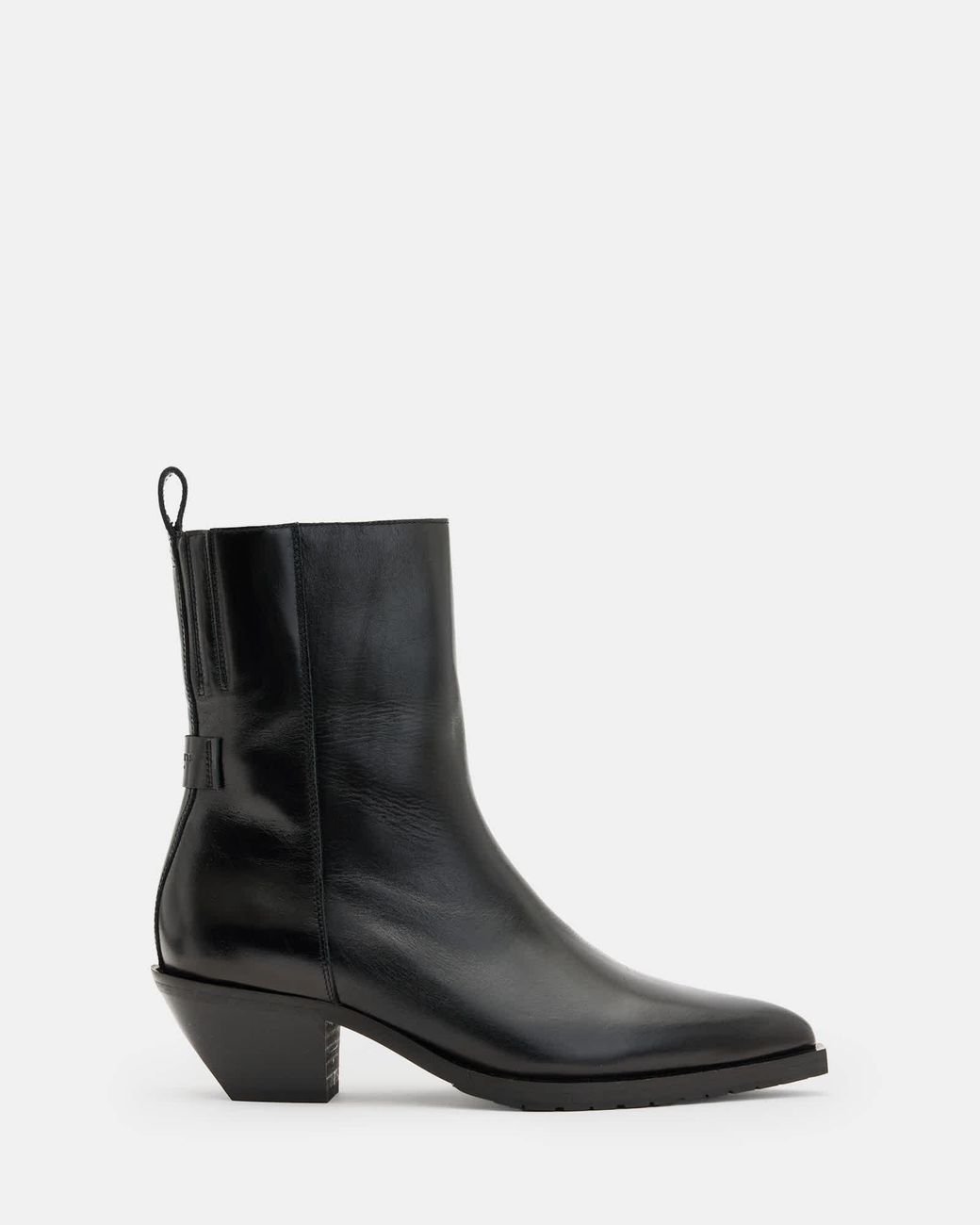 AllSaints Black Bazely Pointed Toe Leather Boots,, Shine
