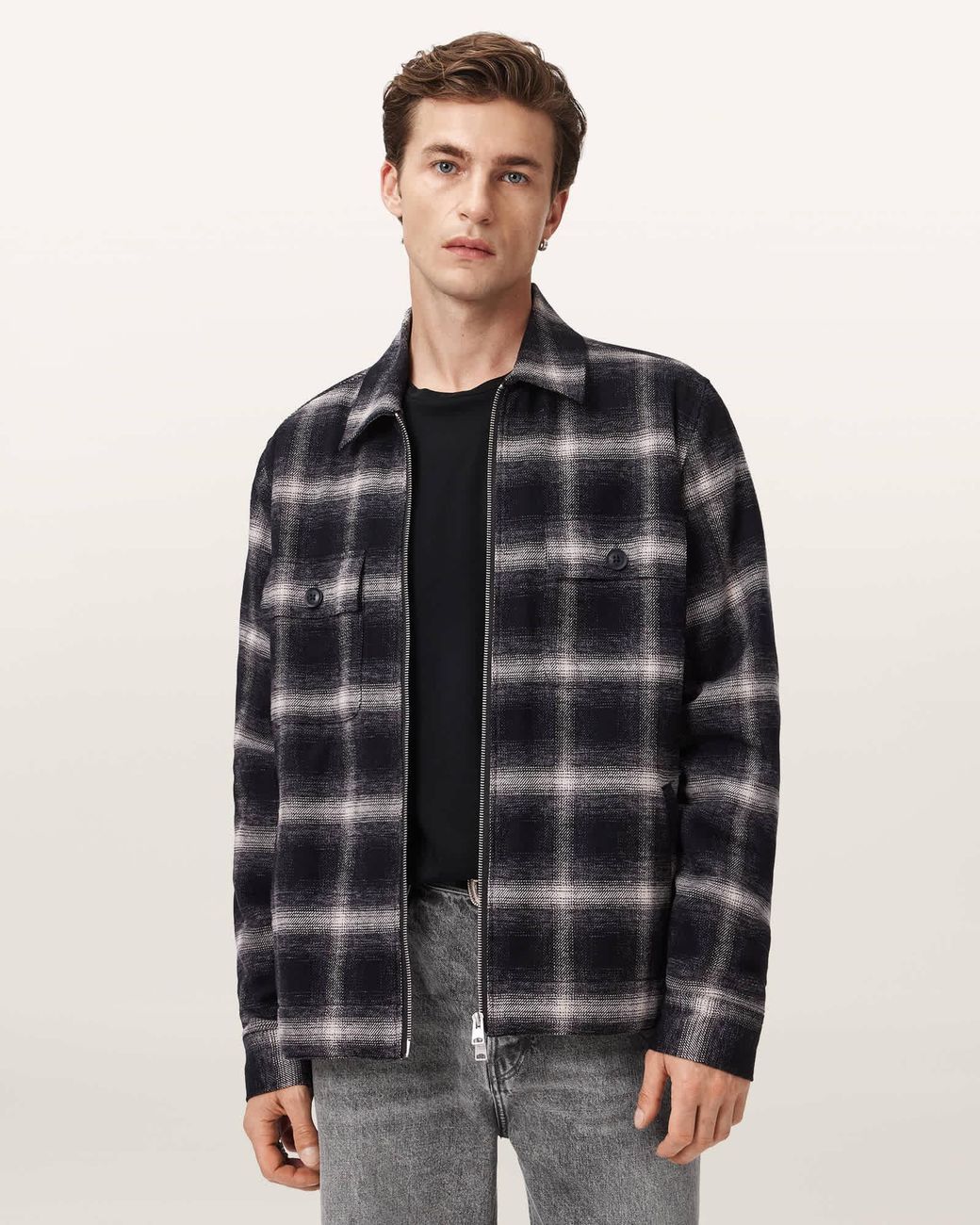 AllSaints Blue Bayo Sherpa Checked Jacket for men