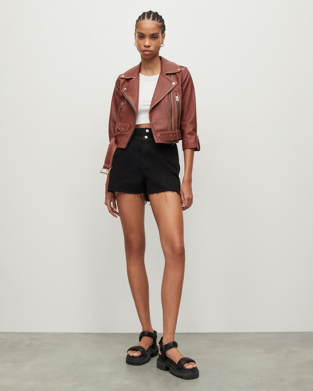 AllSaints Brookes Cropped Leather Biker Jacket in Red Lyst UK