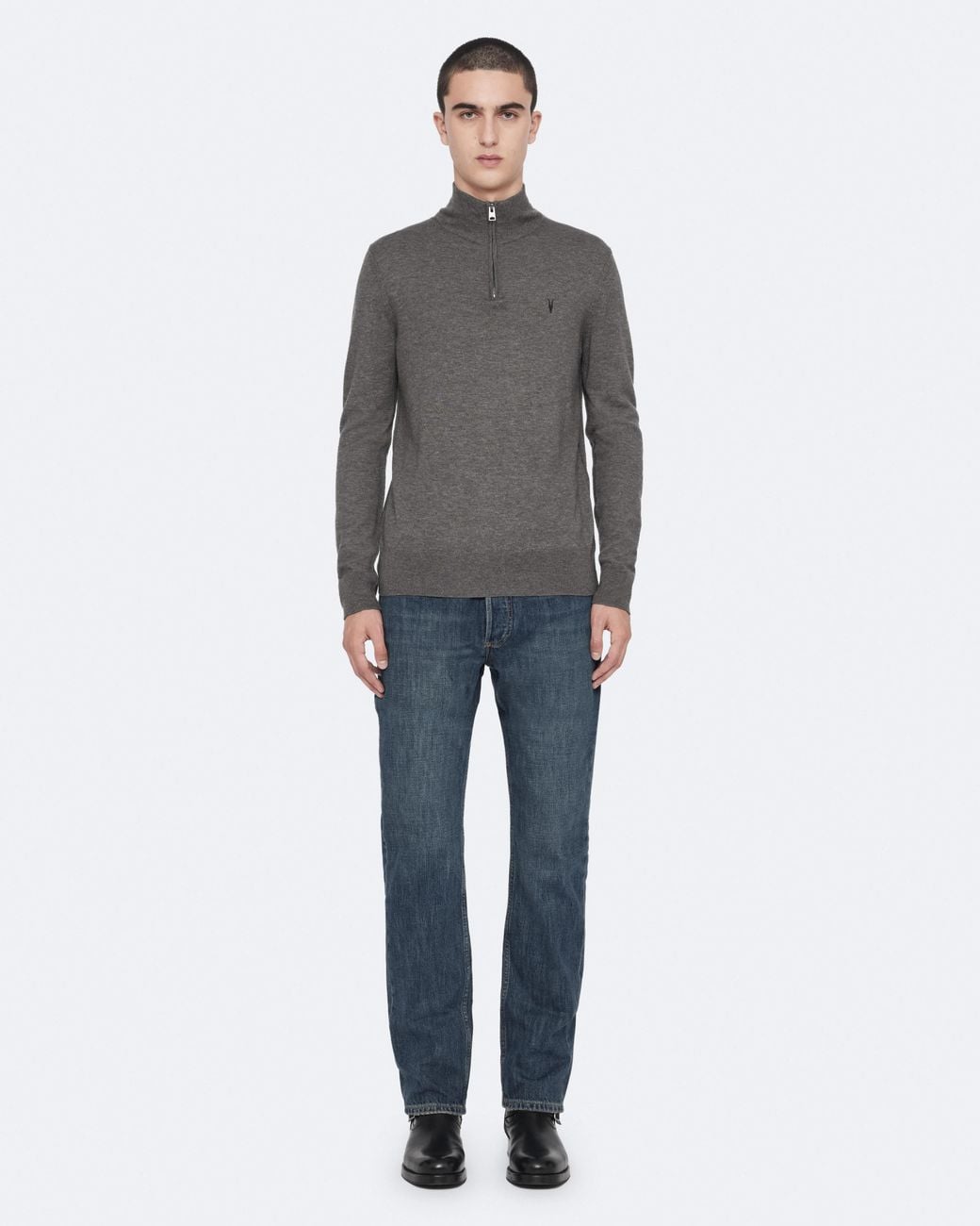 AllSaints Gray Kilburn Zip Funnel Neck Ramskull Jumper,, Carter for men