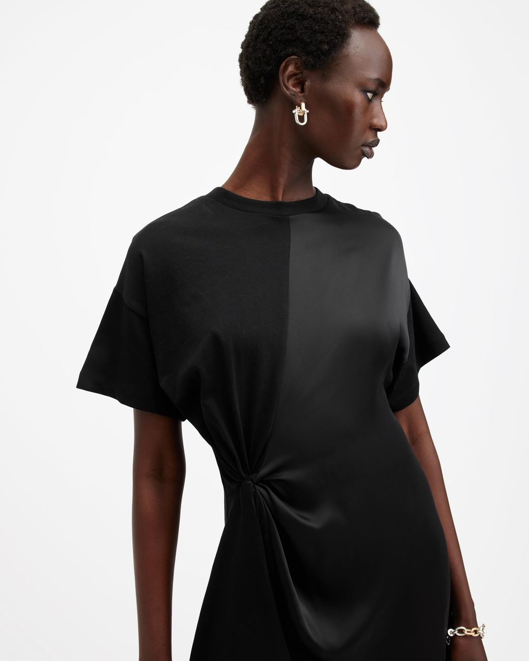 AllSaints Lana Lace Trim Mini T-Shirt Dress in Black | Lyst
