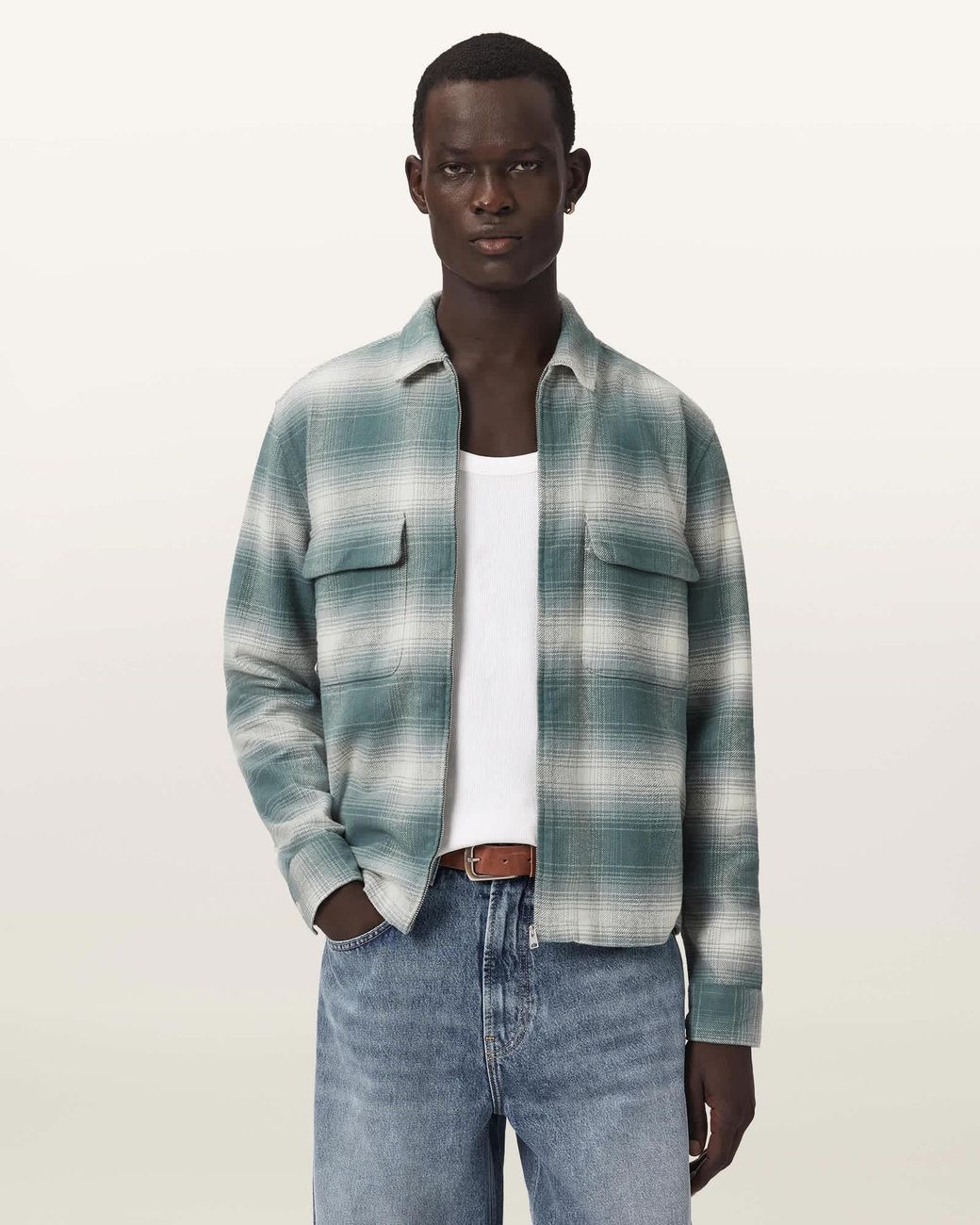 AllSaints Blue Polanco Long Sleeve Check Shirt for men