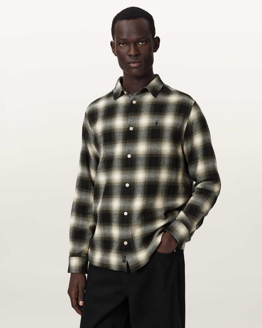 AllSaints Green Baseline Long Sleeve Check Shirt for men