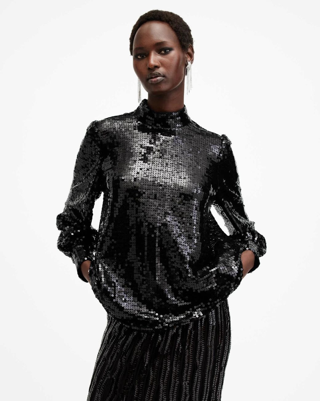 AllSaints Black Whitney Long Sleeve Sequin Top
